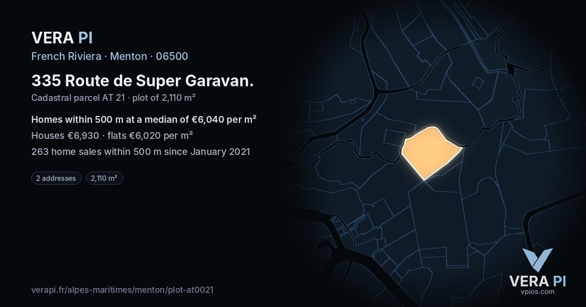 335 Route de Super Garavan, Menton at night – the plot lit, the parcels around coloured by the prices near them