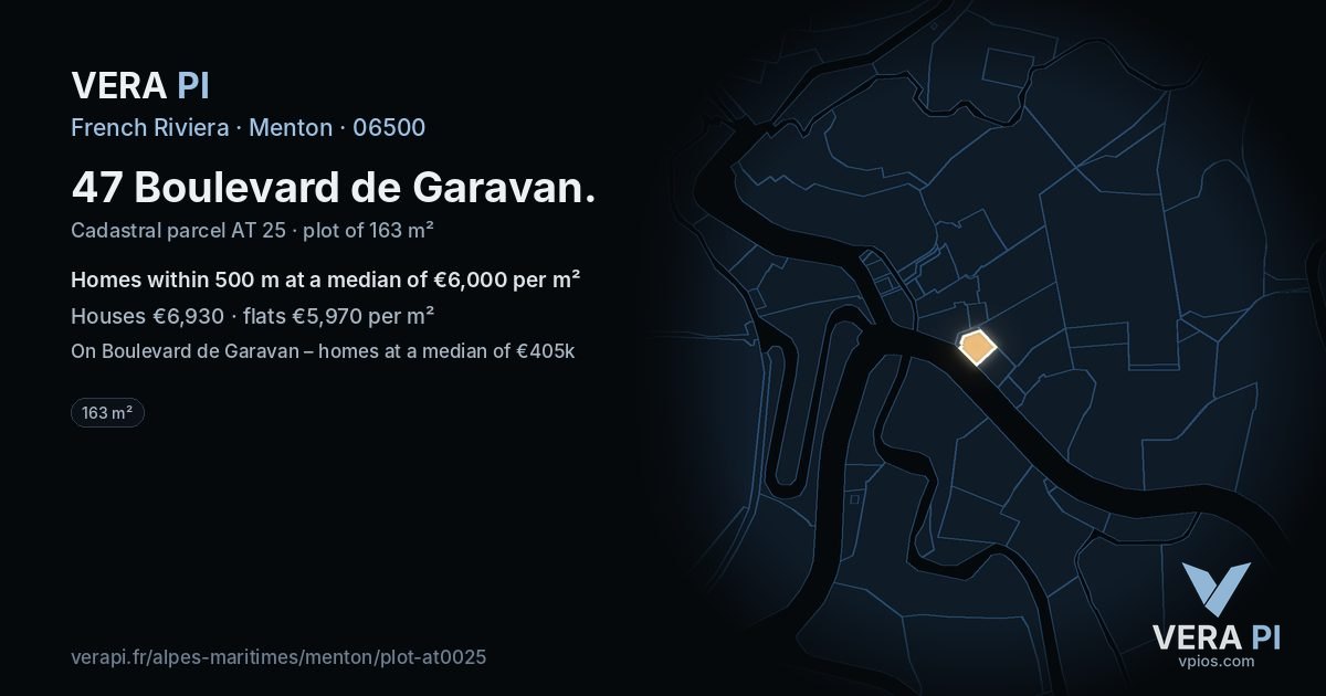 47 Boulevard de Garavan, Menton at night – the plot lit, the parcels around coloured by the prices near them