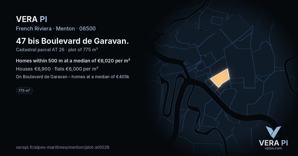 47 bis Boulevard de Garavan, Menton at night – the plot lit, the parcels around coloured by the prices near them