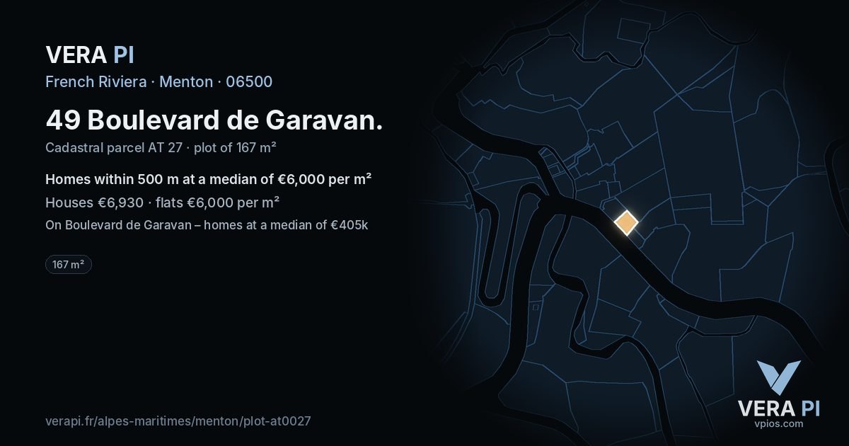 49 Boulevard de Garavan, Menton at night – the plot lit, the parcels around coloured by the prices near them