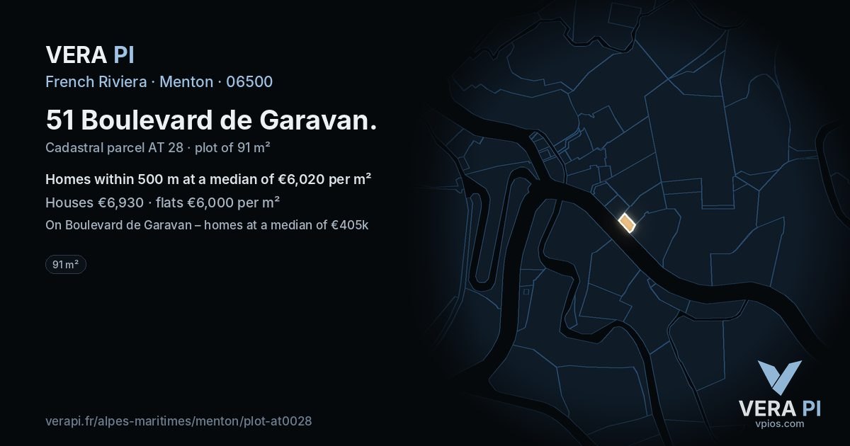 51 Boulevard de Garavan, Menton at night – the plot lit, the parcels around coloured by the prices near them