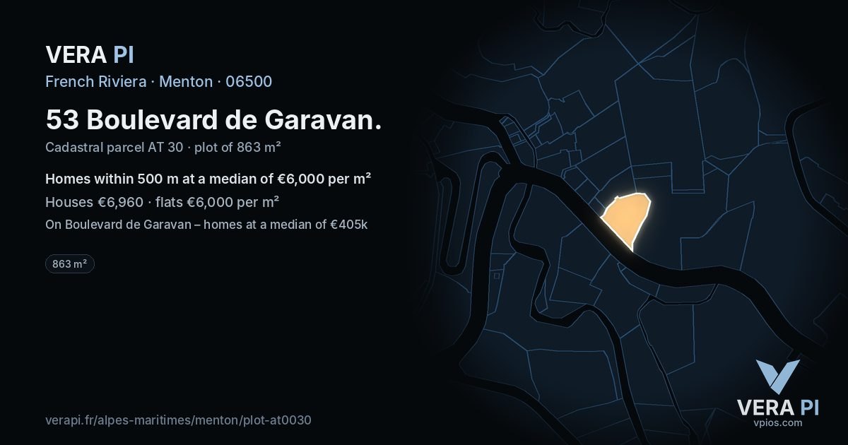 53 Boulevard de Garavan, Menton at night – the plot lit, the parcels around coloured by the prices near them