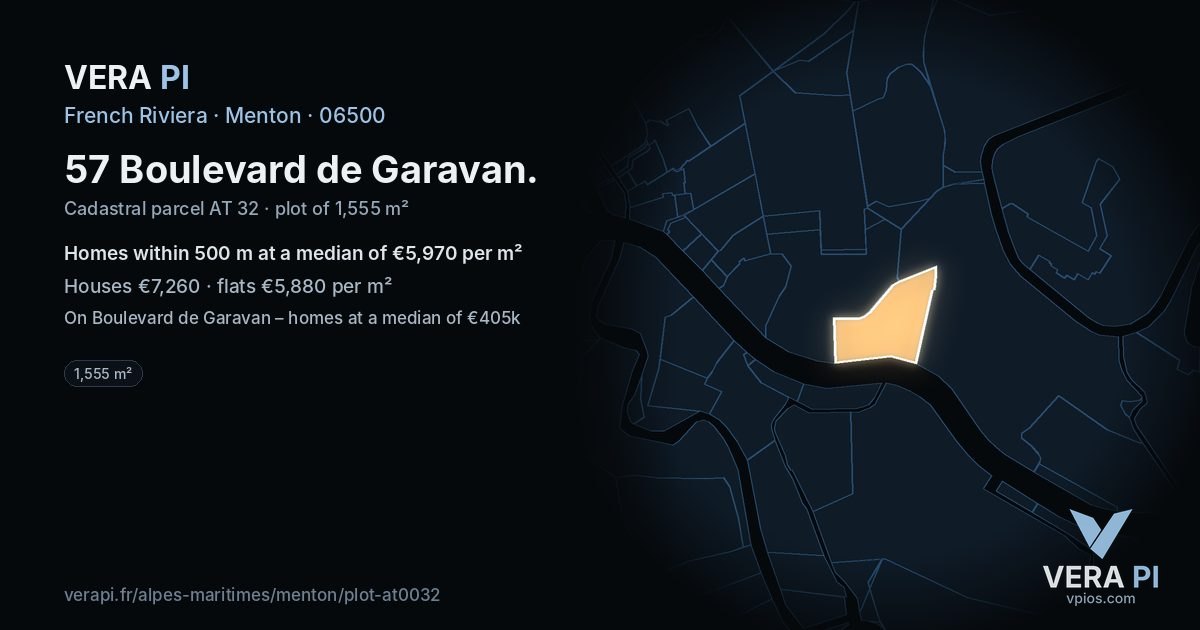 57 Boulevard de Garavan, Menton at night – the plot lit, the parcels around coloured by the prices near them