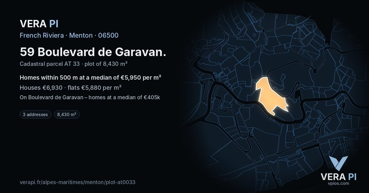 59 Boulevard de Garavan, Menton at night – the plot lit, the parcels around coloured by the prices near them