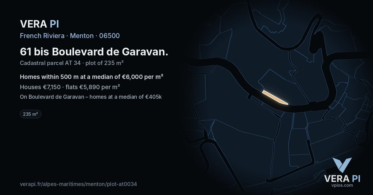 61 bis Boulevard de Garavan, Menton at night – the plot lit, the parcels around coloured by the prices near them