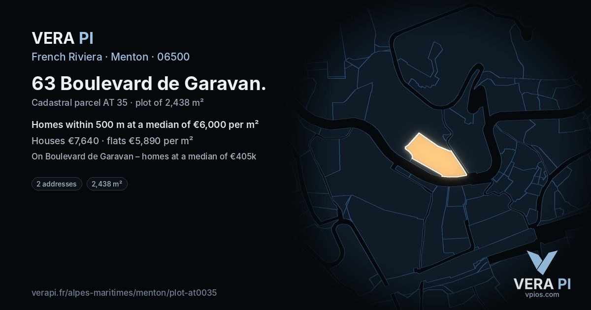 63 Boulevard de Garavan, Menton at night – the plot lit, the parcels around coloured by the prices near them