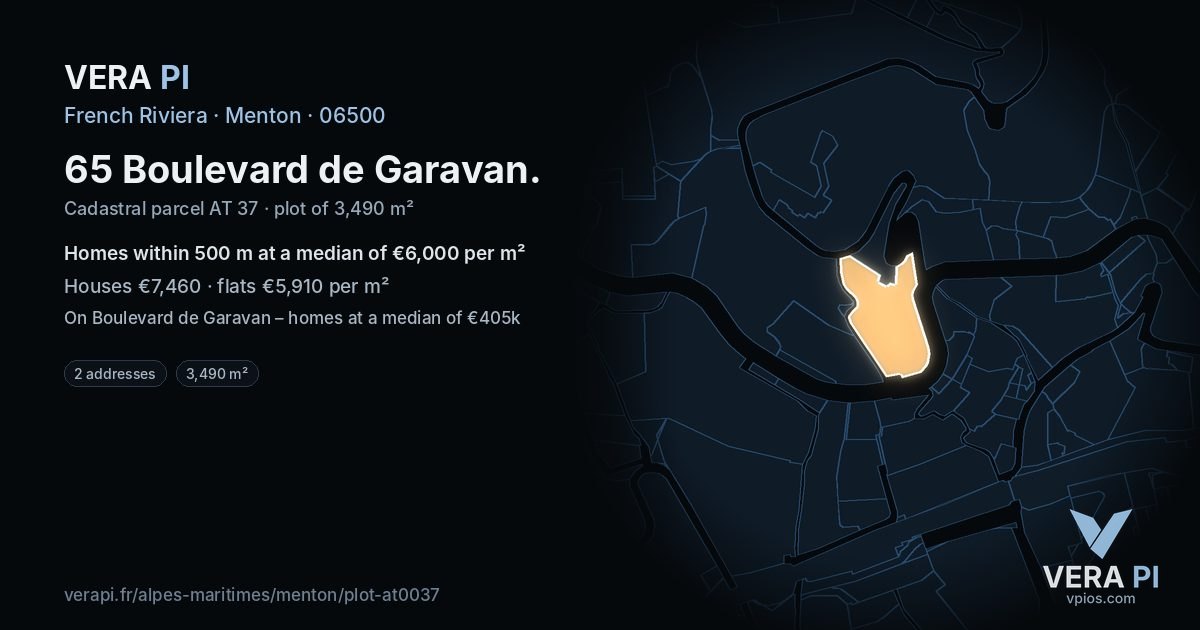 65 Boulevard de Garavan, Menton at night – the plot lit, the parcels around coloured by the prices near them