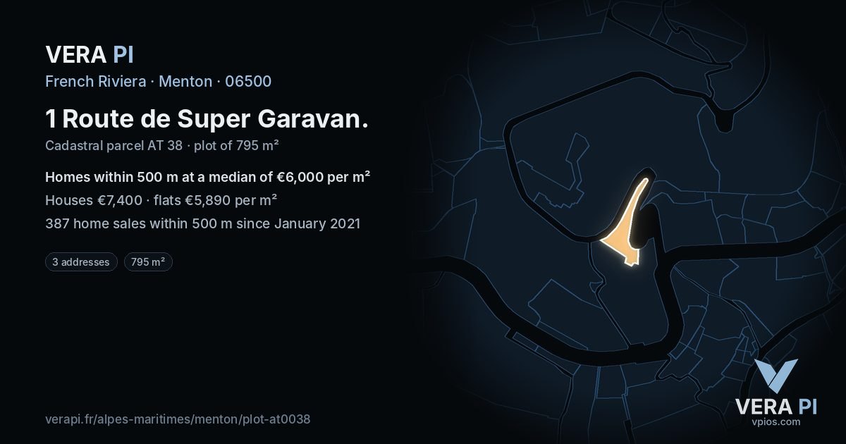 1 Route de Super Garavan, Menton at night – the plot lit, the parcels around coloured by the prices near them