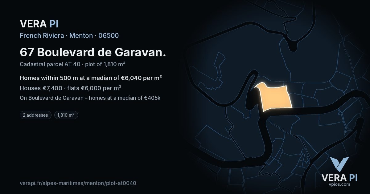 67 Boulevard de Garavan, Menton at night – the plot lit, the parcels around coloured by the prices near them