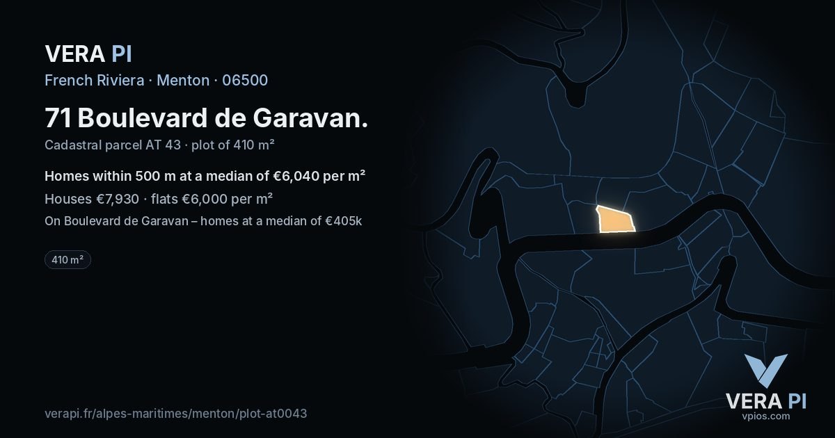 71 Boulevard de Garavan, Menton at night – the plot lit, the parcels around coloured by the prices near them