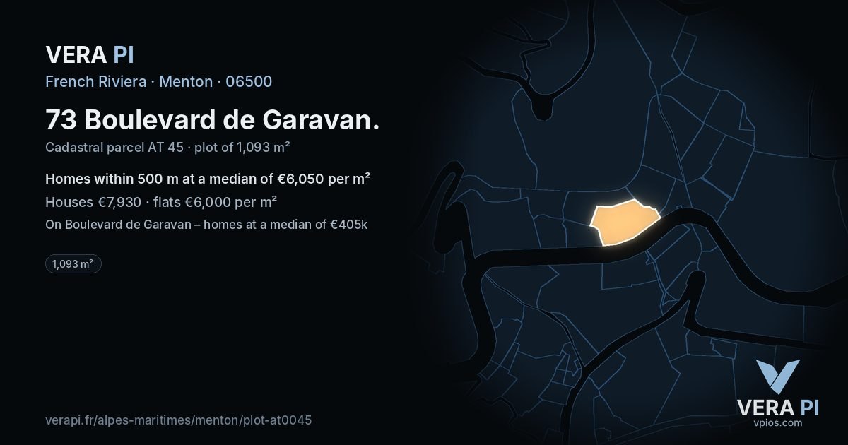 73 Boulevard de Garavan, Menton at night – the plot lit, the parcels around coloured by the prices near them