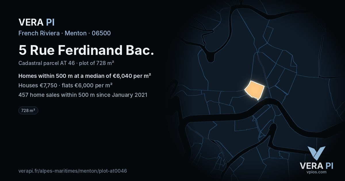 5 Rue Ferdinand Bac, Menton at night – the plot lit, the parcels around coloured by the prices near them