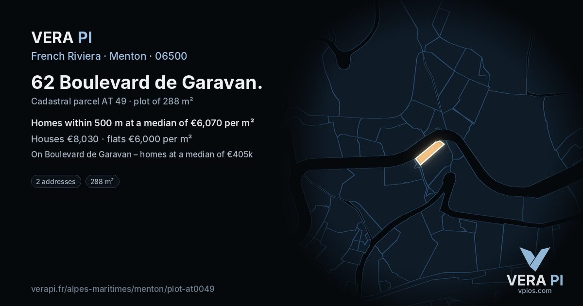 62 Boulevard de Garavan, Menton at night – the plot lit, the parcels around coloured by the prices near them