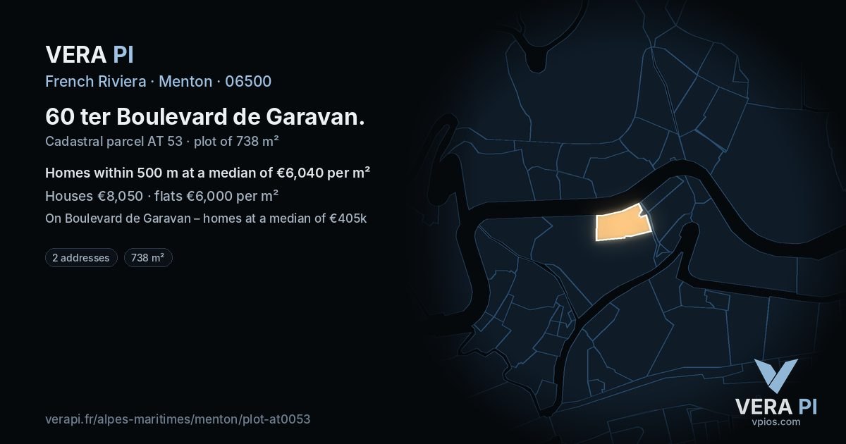 60 ter Boulevard de Garavan, Menton at night – the plot lit, the parcels around coloured by the prices near them