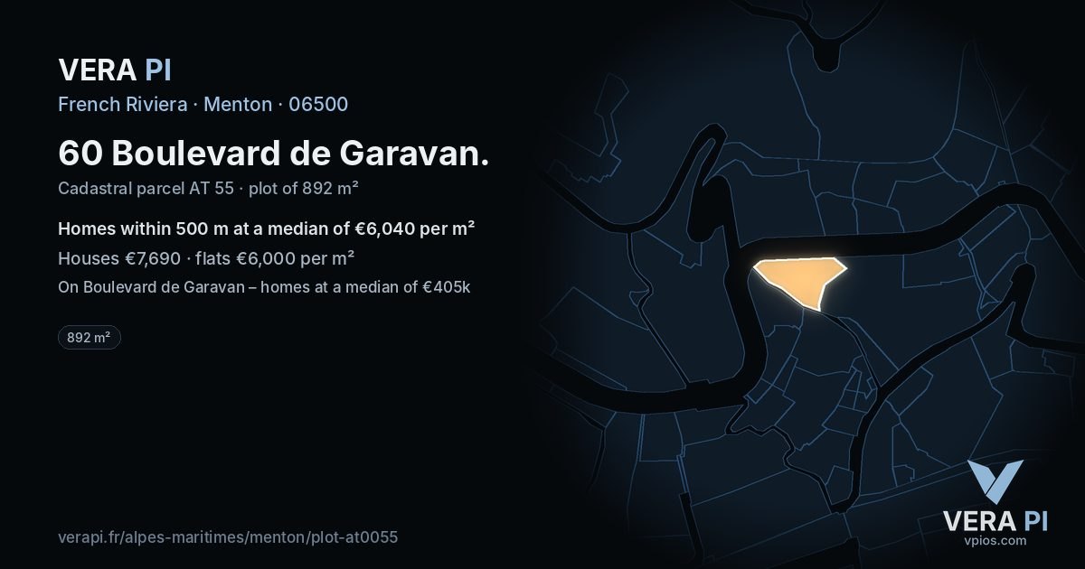60 Boulevard de Garavan, Menton at night – the plot lit, the parcels around coloured by the prices near them
