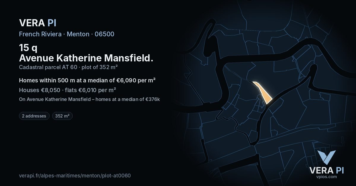 15 q Avenue Katherine Mansfield, Menton at night – the plot lit, the parcels around coloured by the prices near them