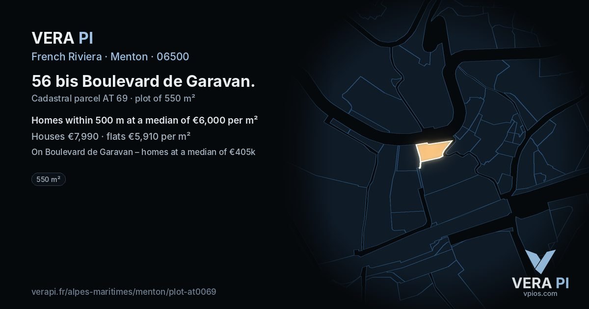 56 bis Boulevard de Garavan, Menton at night – the plot lit, the parcels around coloured by the prices near them