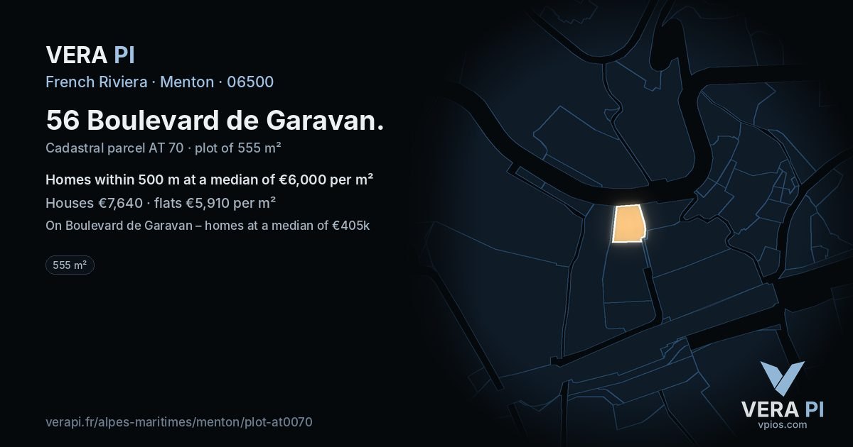56 Boulevard de Garavan, Menton at night – the plot lit, the parcels around coloured by the prices near them