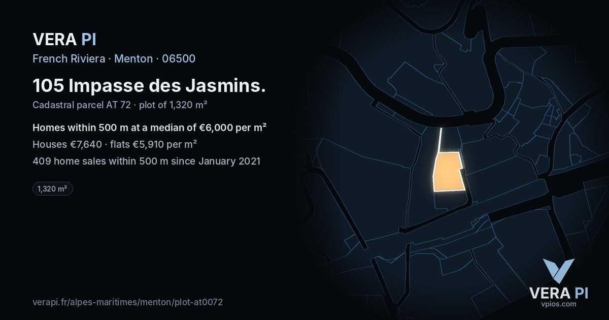 105 Impasse des Jasmins, Menton at night – the plot lit, the parcels around coloured by the prices near them