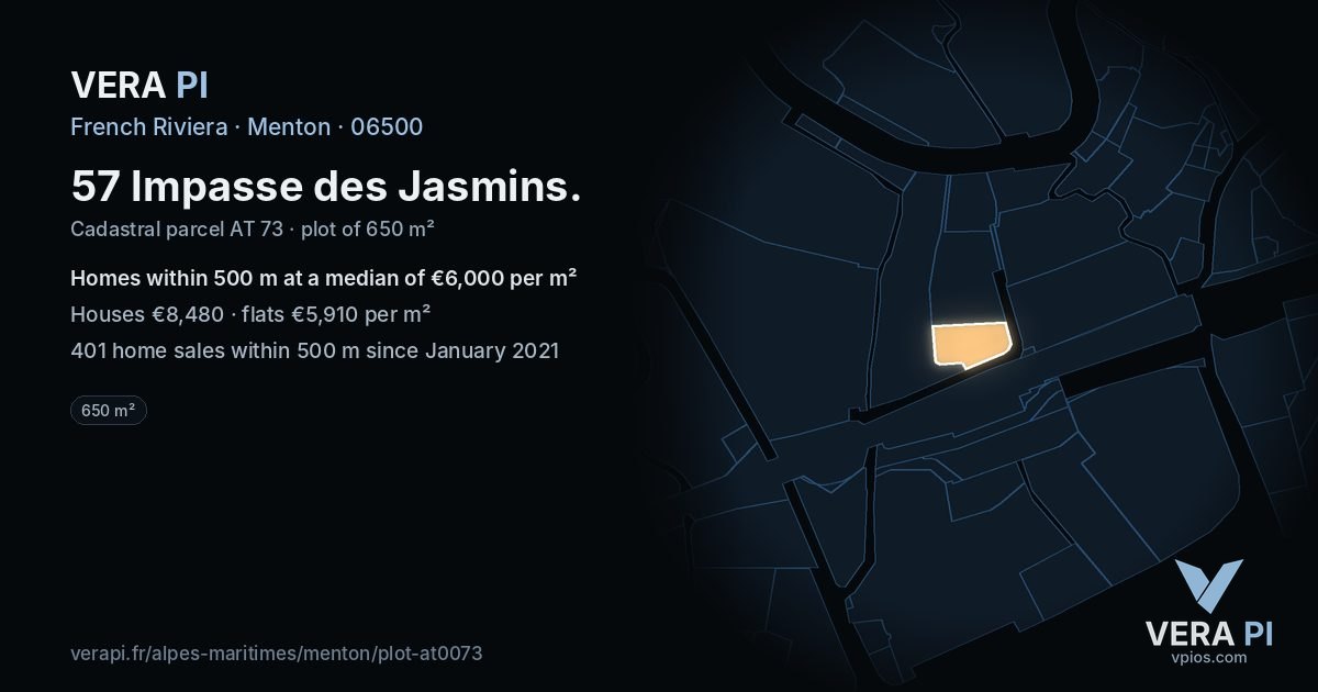57 Impasse des Jasmins, Menton at night – the plot lit, the parcels around coloured by the prices near them
