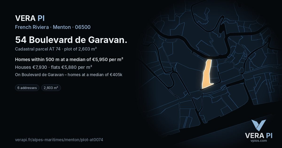 54 Boulevard de Garavan, Menton at night – the plot lit, the parcels around coloured by the prices near them