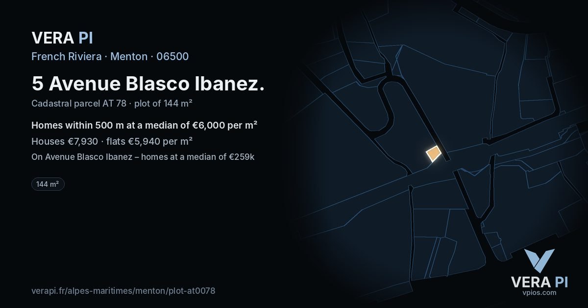 5 Avenue Blasco Ibanez, Menton at night – the plot lit, the parcels around coloured by the prices near them