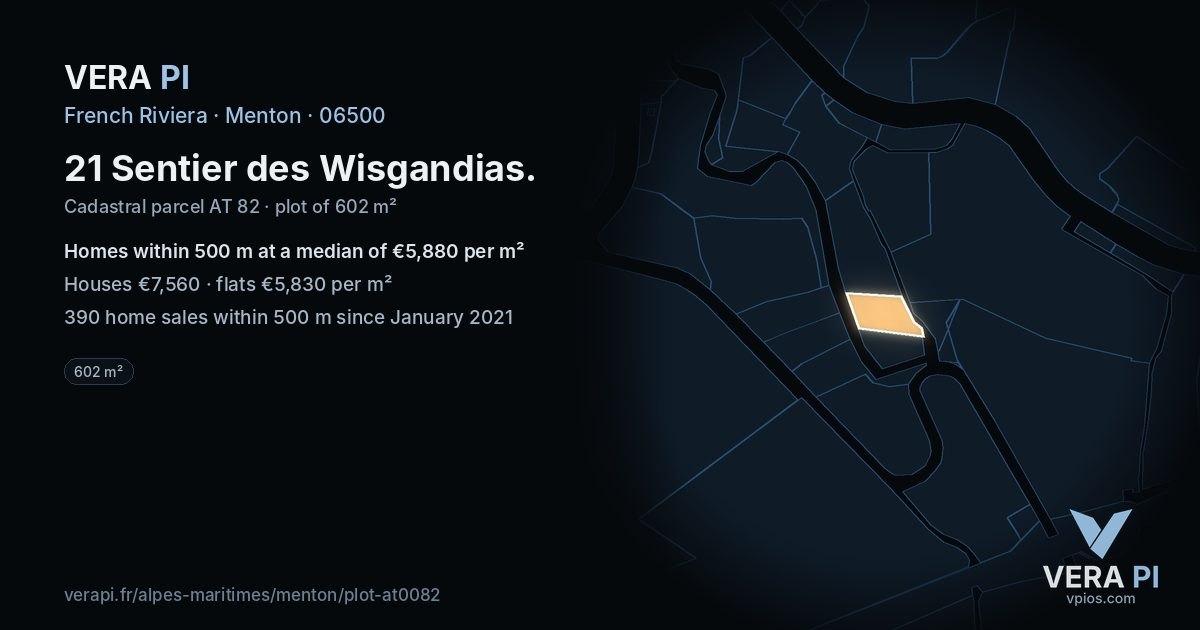 21 Sentier des Wisgandias, Menton at night – the plot lit, the parcels around coloured by the prices near them