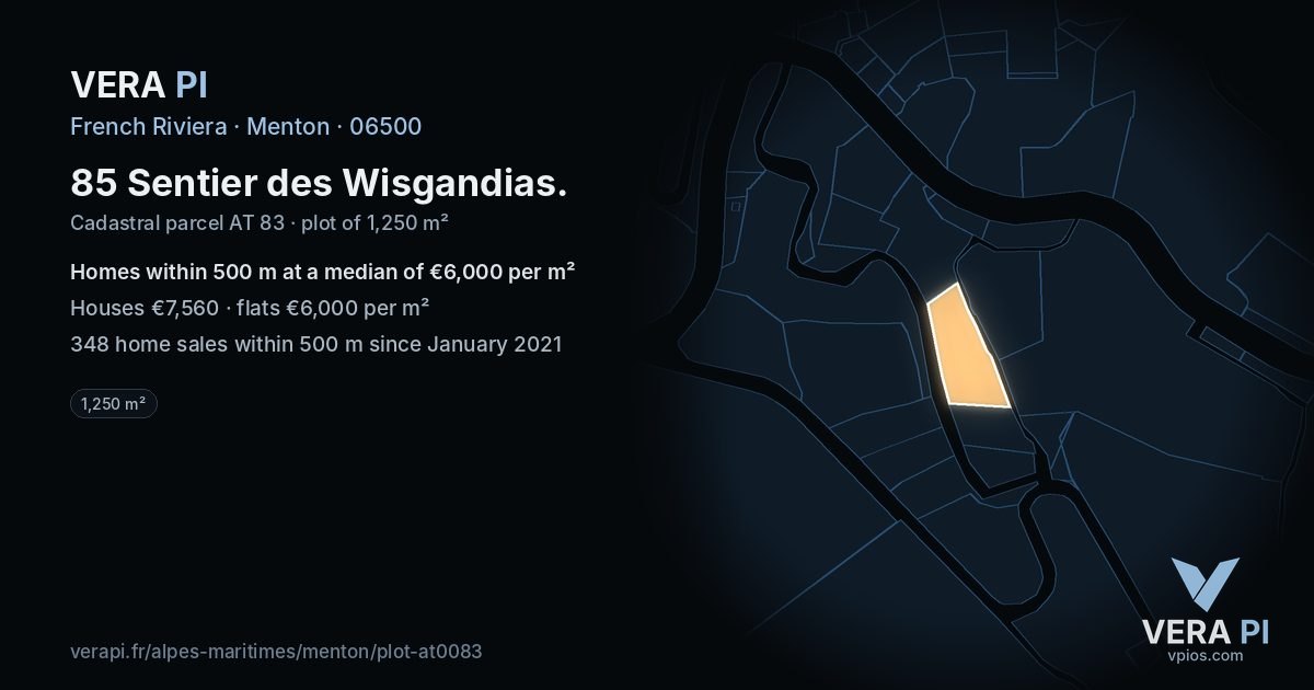 85 Sentier des Wisgandias, Menton at night – the plot lit, the parcels around coloured by the prices near them