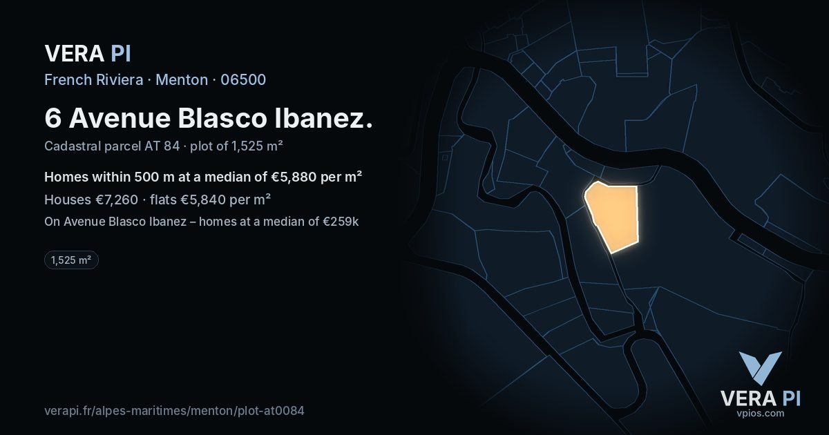 6 Avenue Blasco Ibanez, Menton at night – the plot lit, the parcels around coloured by the prices near them
