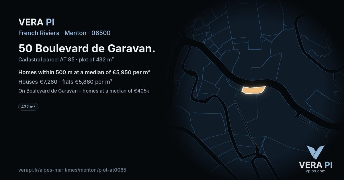 50 Boulevard de Garavan, Menton at night – the plot lit, the parcels around coloured by the prices near them
