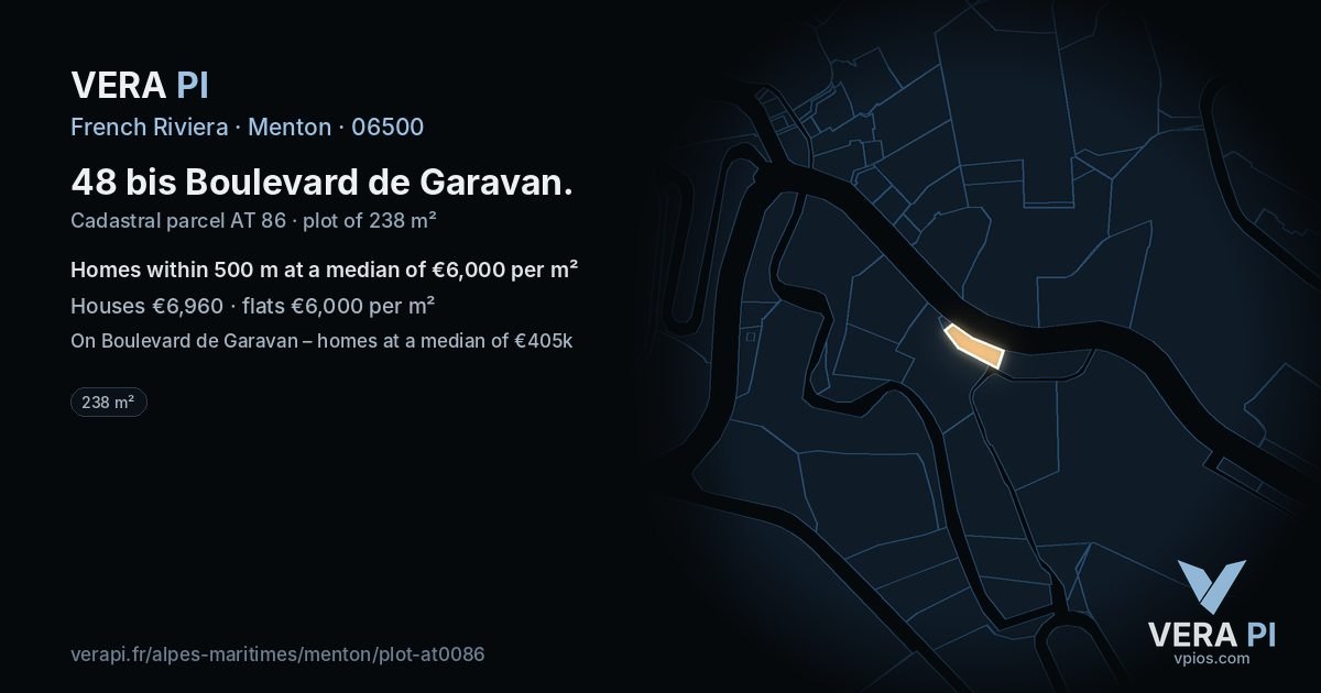 48 bis Boulevard de Garavan, Menton at night – the plot lit, the parcels around coloured by the prices near them