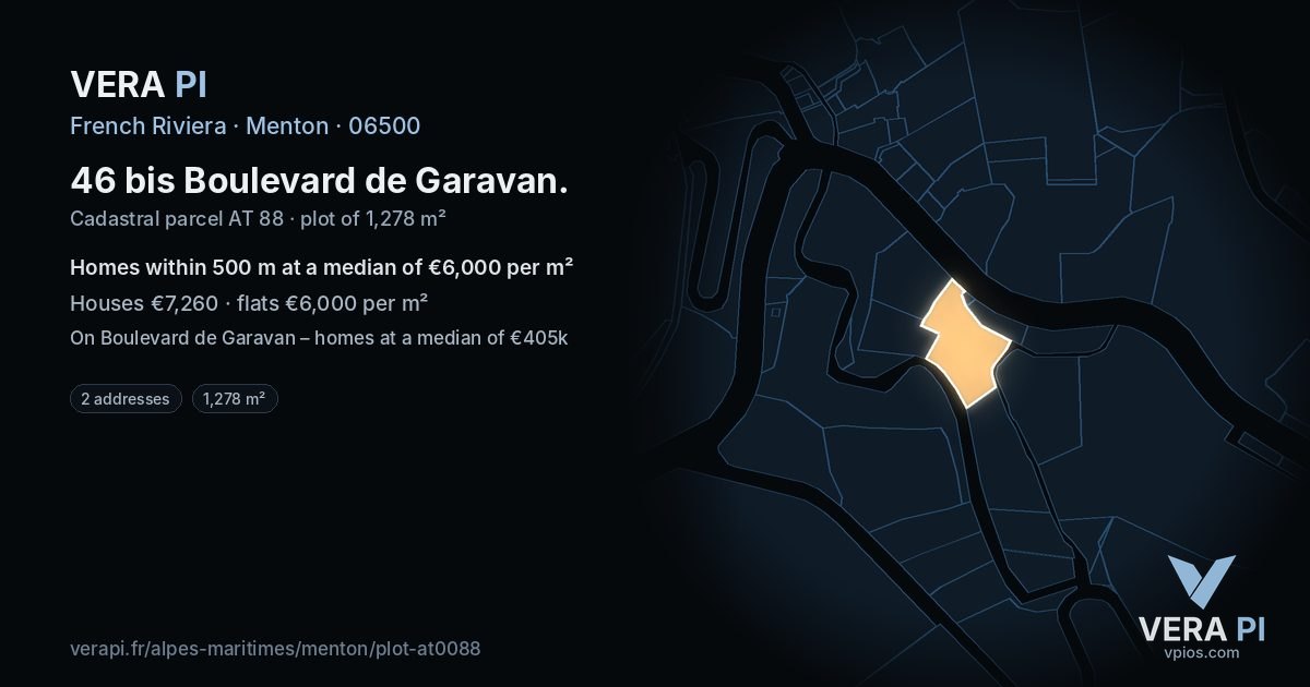 46 bis Boulevard de Garavan, Menton at night – the plot lit, the parcels around coloured by the prices near them