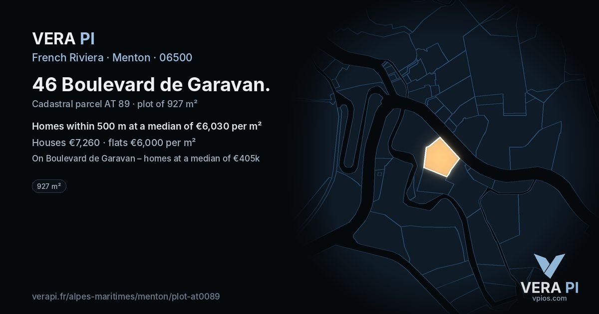 46 Boulevard de Garavan, Menton at night – the plot lit, the parcels around coloured by the prices near them
