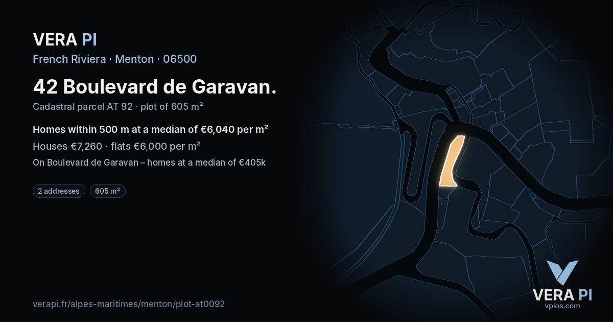 42 Boulevard de Garavan, Menton at night – the plot lit, the parcels around coloured by the prices near them