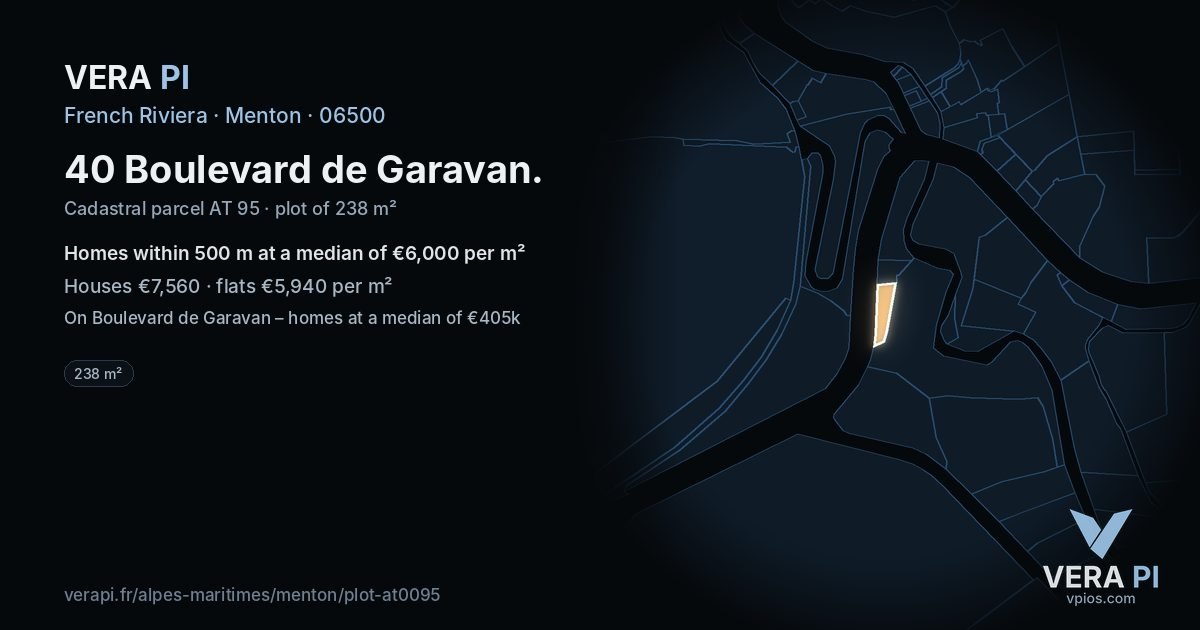 40 Boulevard de Garavan, Menton at night – the plot lit, the parcels around coloured by the prices near them