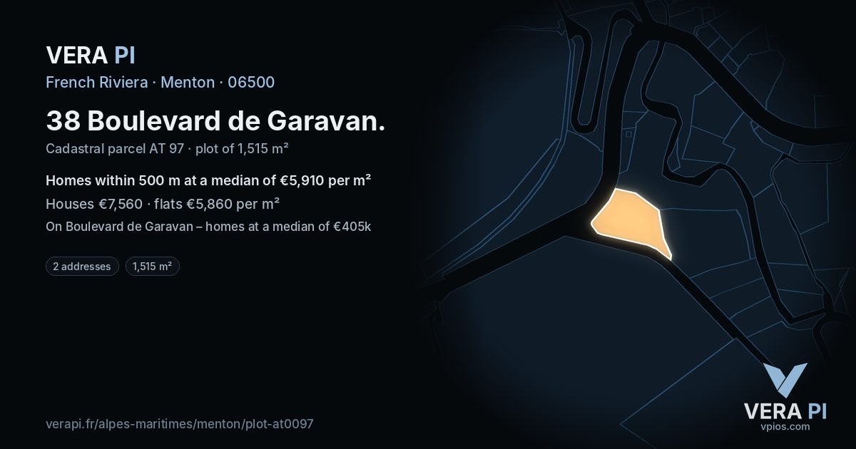 38 Boulevard de Garavan, Menton at night – the plot lit, the parcels around coloured by the prices near them