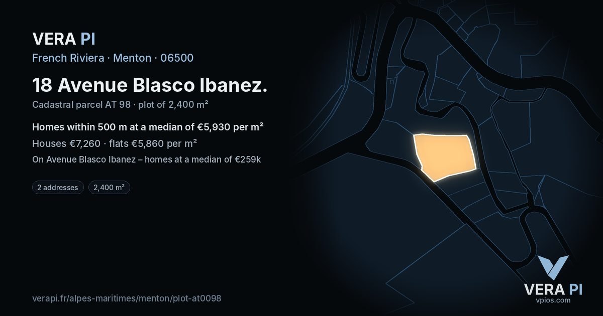 18 Avenue Blasco Ibanez, Menton at night – the plot lit, the parcels around coloured by the prices near them
