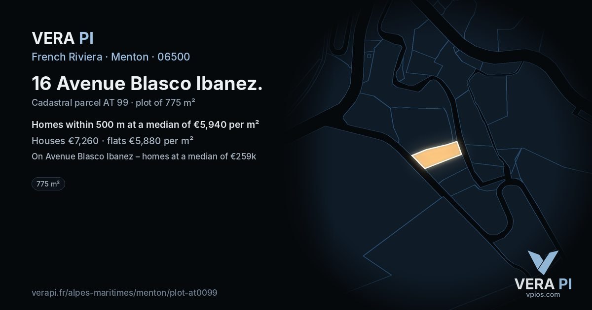 16 Avenue Blasco Ibanez, Menton at night – the plot lit, the parcels around coloured by the prices near them