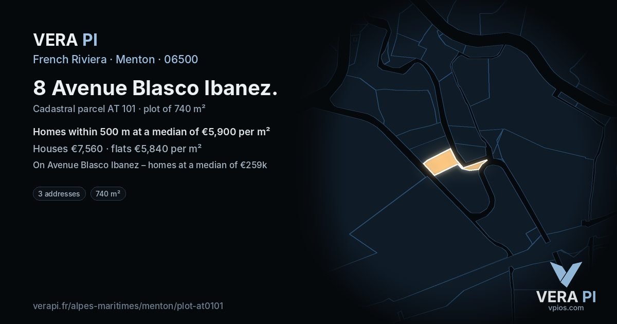8 Avenue Blasco Ibanez, Menton at night – the plot lit, the parcels around coloured by the prices near them
