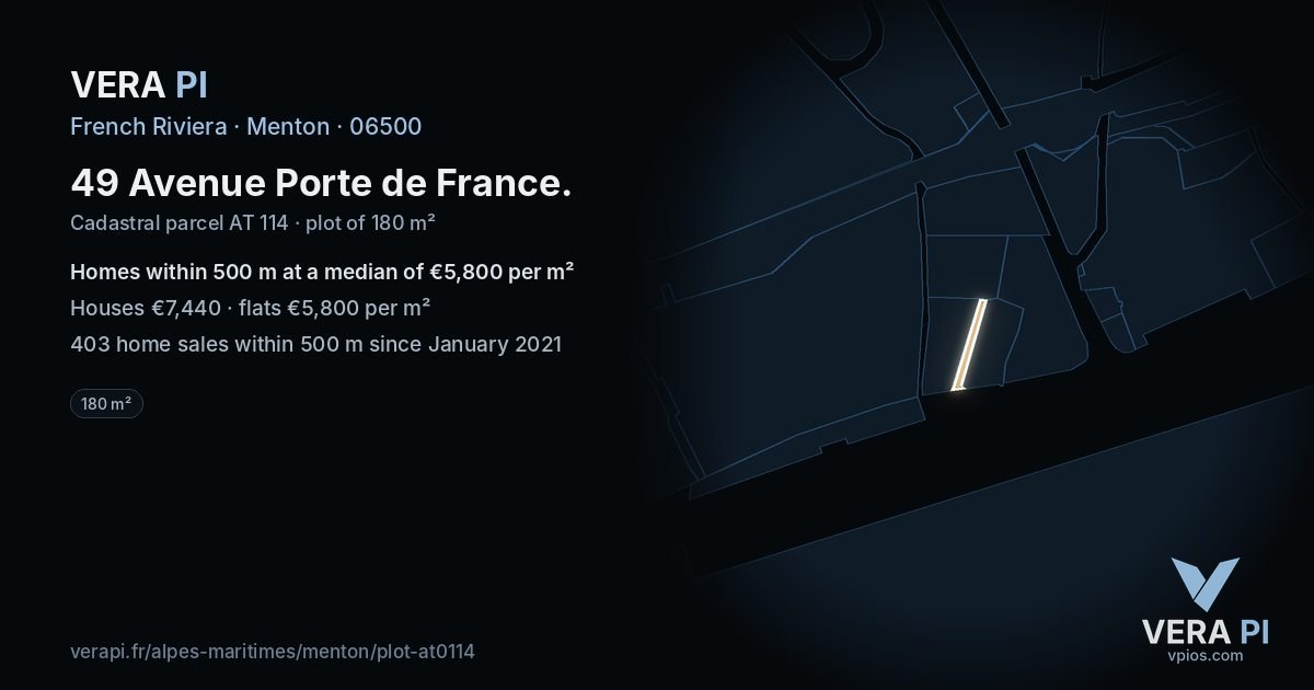 49 Avenue Porte de France, Menton at night – the plot lit, the parcels around coloured by the prices near them
