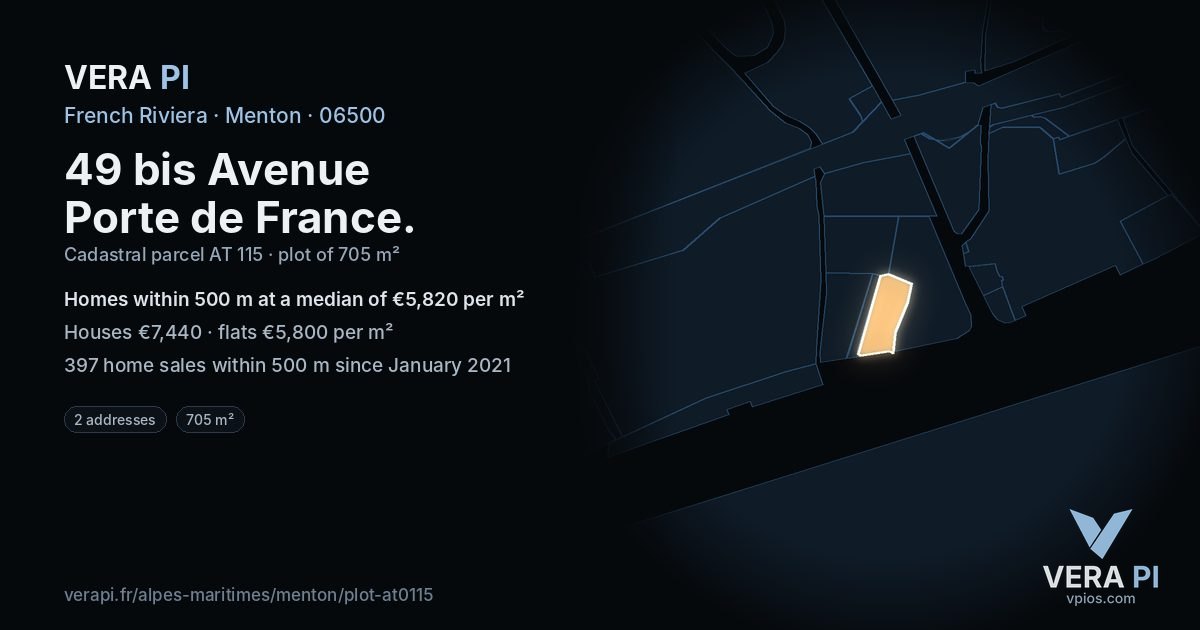 49 bis Avenue Porte de France, Menton at night – the plot lit, the parcels around coloured by the prices near them