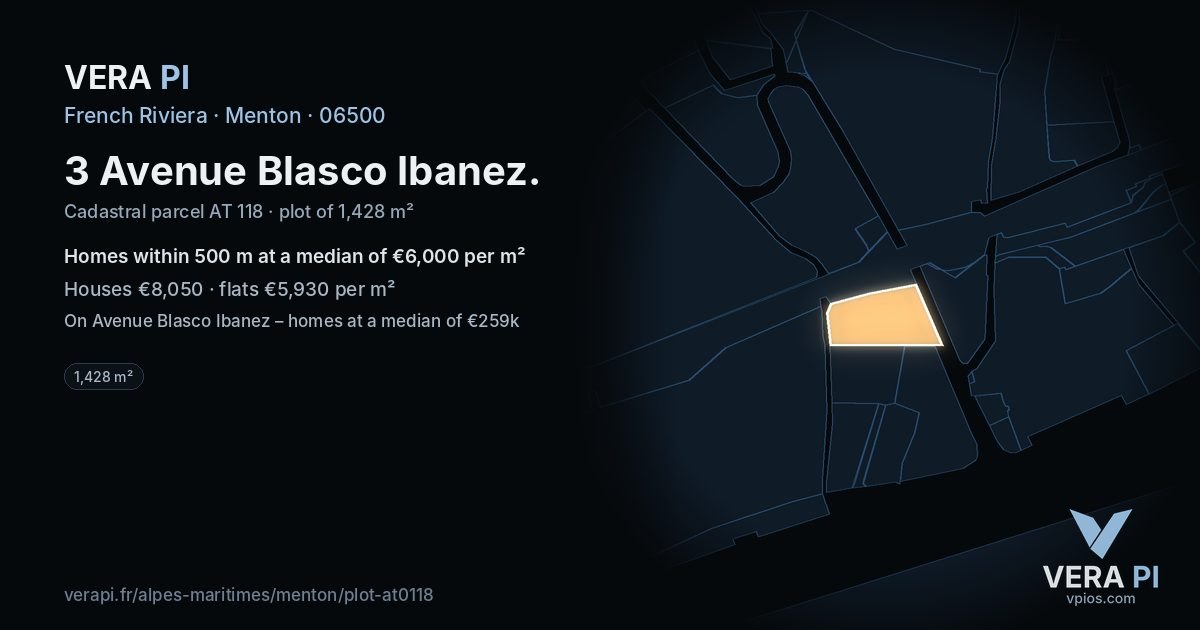 3 Avenue Blasco Ibanez, Menton at night – the plot lit, the parcels around coloured by the prices near them