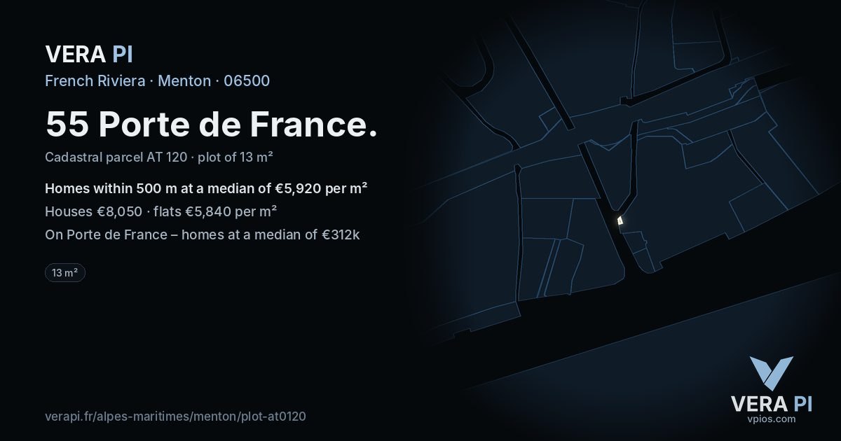 55 Porte de France, Menton at night – the plot lit, the parcels around coloured by the prices near them