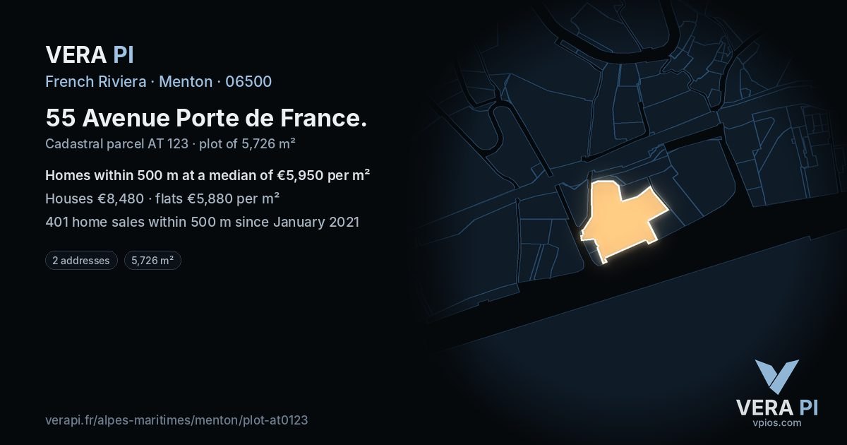 55 Avenue Porte de France, Menton at night – the plot lit, the parcels around coloured by the prices near them