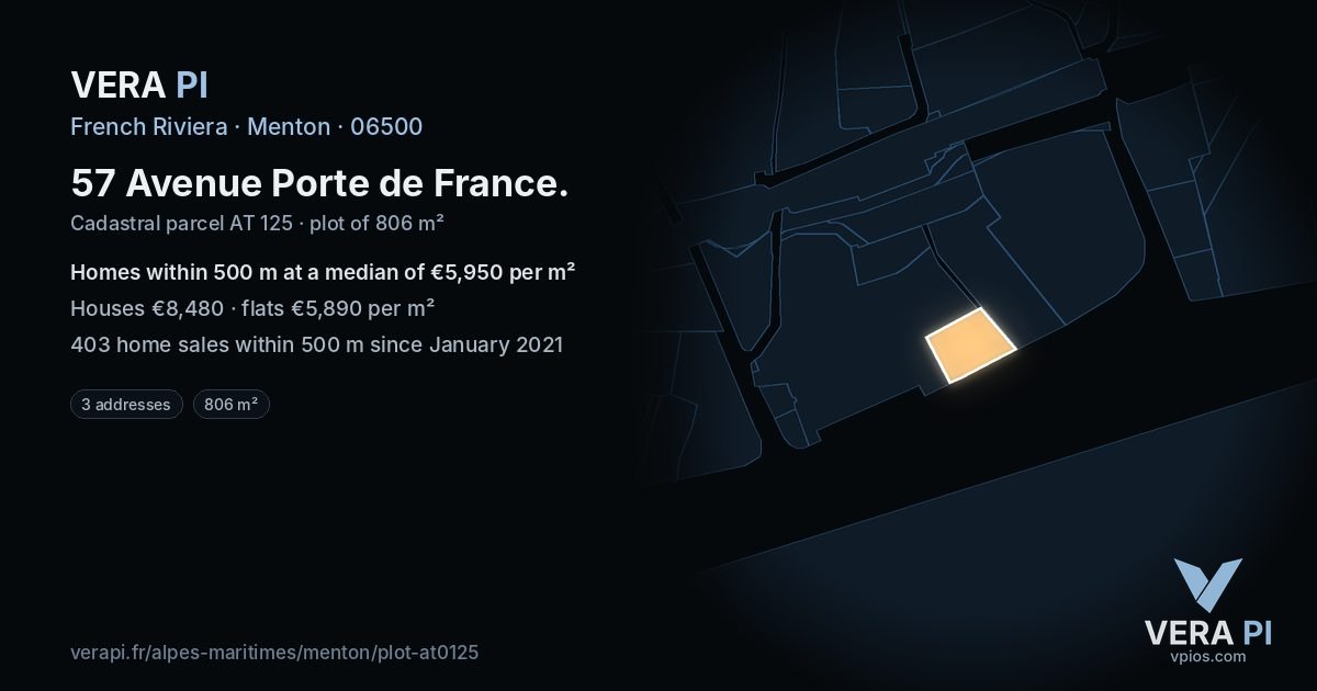 57 Avenue Porte de France, Menton at night – the plot lit, the parcels around coloured by the prices near them