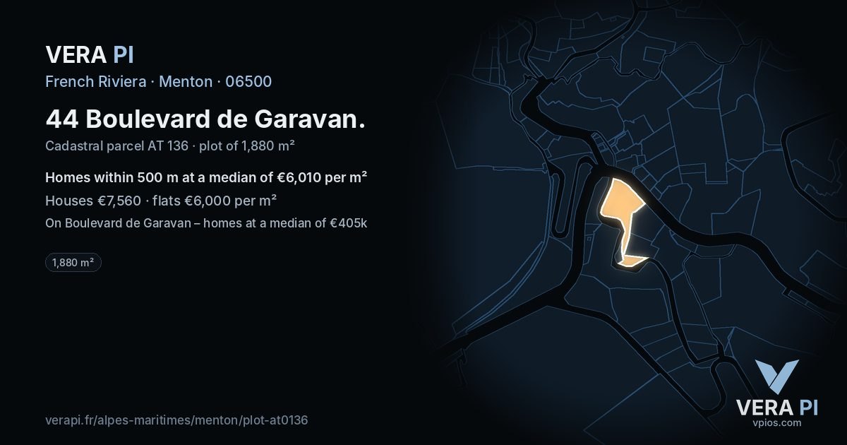 44 Boulevard de Garavan, Menton at night – the plot lit, the parcels around coloured by the prices near them