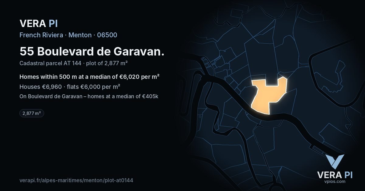 55 Boulevard de Garavan, Menton at night – the plot lit, the parcels around coloured by the prices near them