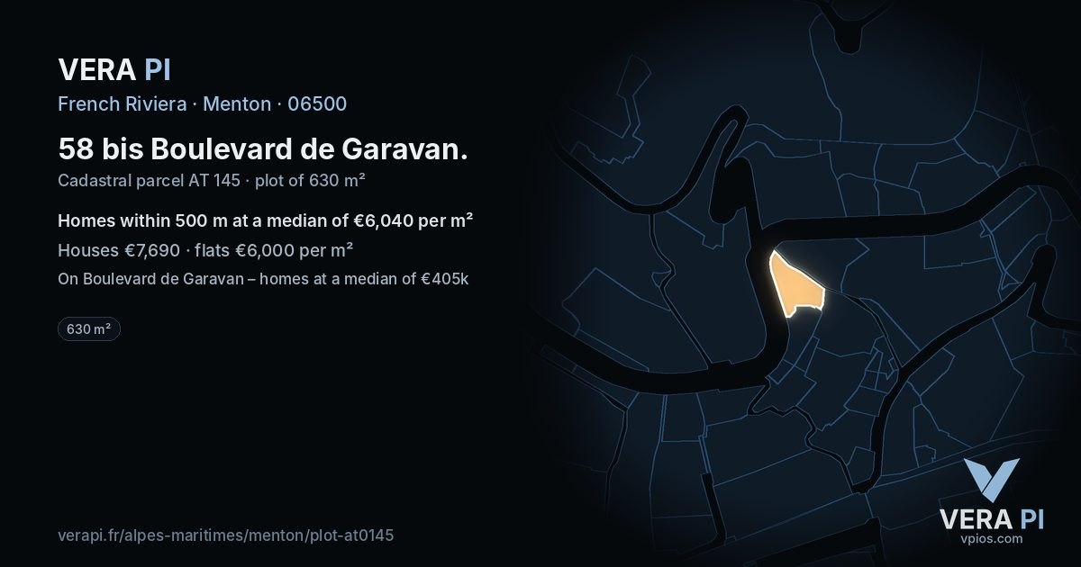 58 bis Boulevard de Garavan, Menton at night – the plot lit, the parcels around coloured by the prices near them