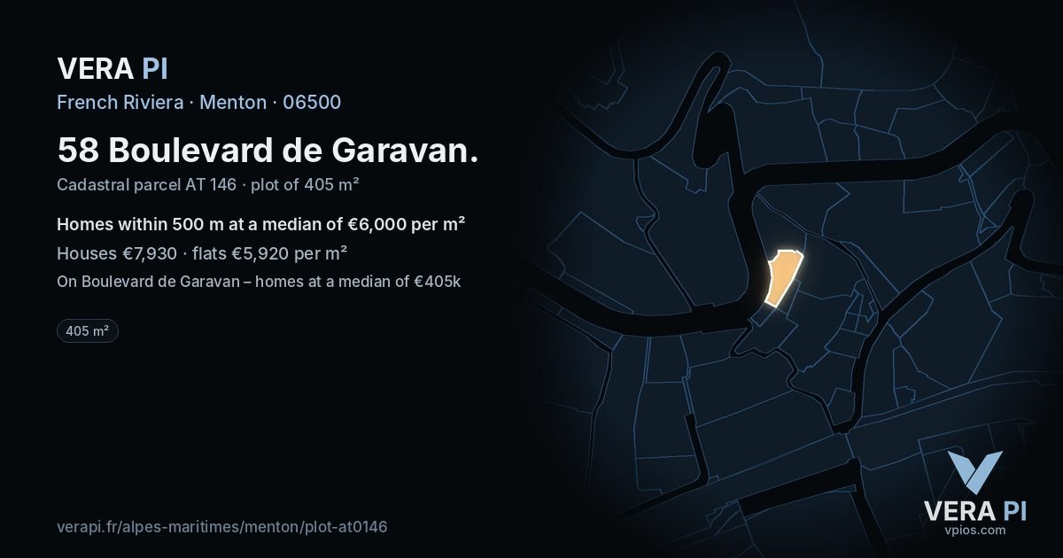 58 Boulevard de Garavan, Menton at night – the plot lit, the parcels around coloured by the prices near them