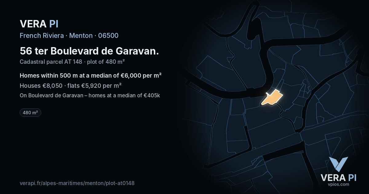 56 ter Boulevard de Garavan, Menton at night – the plot lit, the parcels around coloured by the prices near them